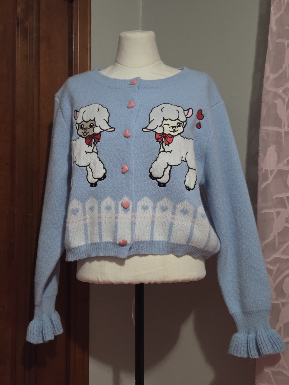 ROMWE Pastel Blue Lamb Cardigan with Pink Heart Buttons